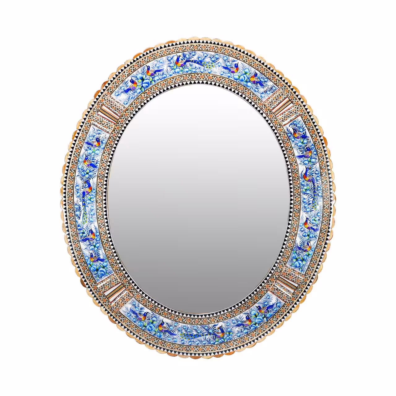 قاب آینه بیضی لبه دالبری مدل گل و مرغ آبی برجسته خاتم کاری(سایز بزرگ)(گارانتی 120 ماهه)