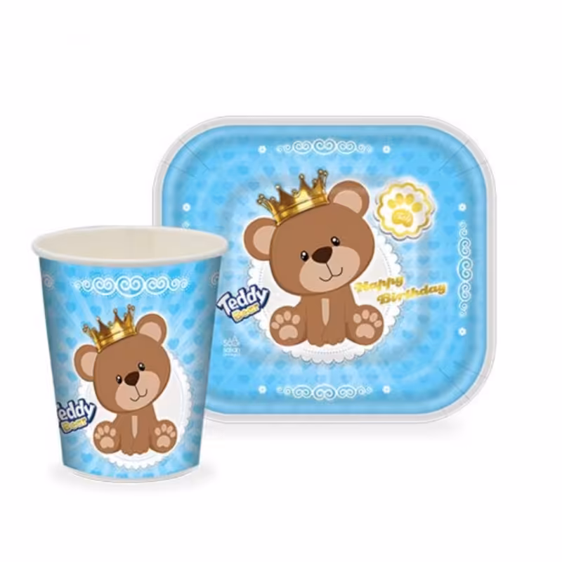 تم تولد بشقاب لیوان تدی آبی 12 عددی