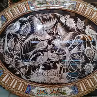 تابلو  قلمزنی با قاب نقاشی گل و مرغ بصورت بیضی