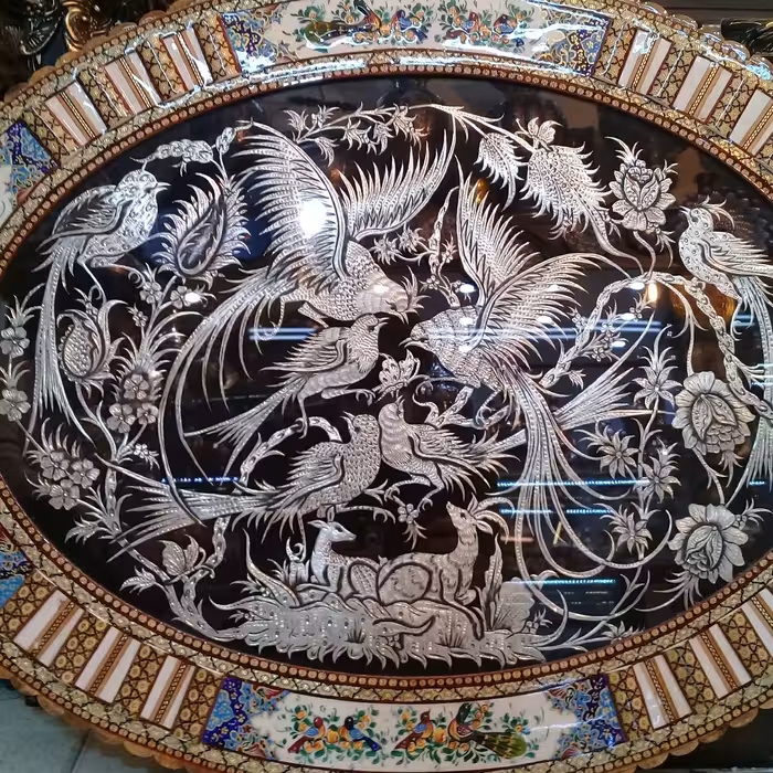 تابلو  قلمزنی با قاب نقاشی گل و مرغ بصورت بیضی