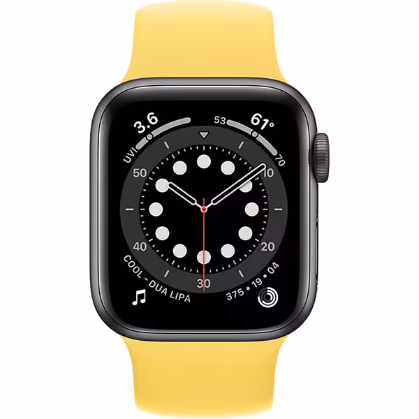 سری 6 آلومینیوم 40 میلیمتری زنانه قاب خاکستری با بند سولو لوپ زرد - Hiapple.ir