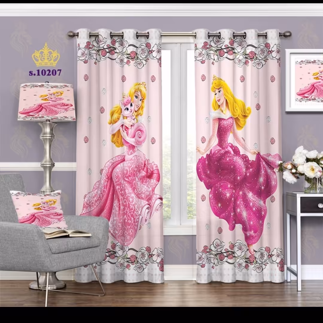 پرده اتاق خواب دخترانه دو قواره طرح کارتونی زیبای خفته کد S10207