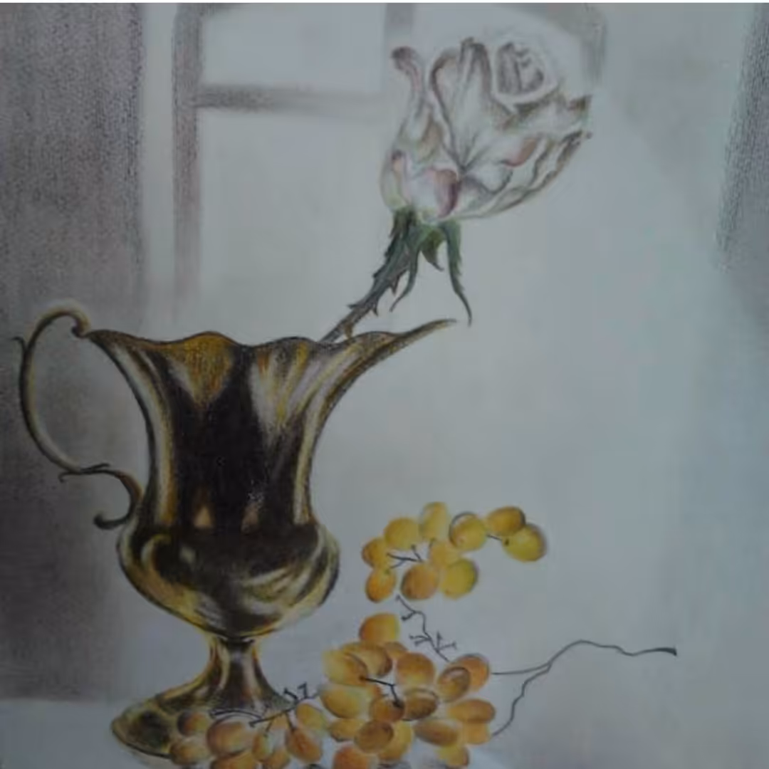 تابلوی گل و گلدان تکنیک مداد رنگی  30 در 40 