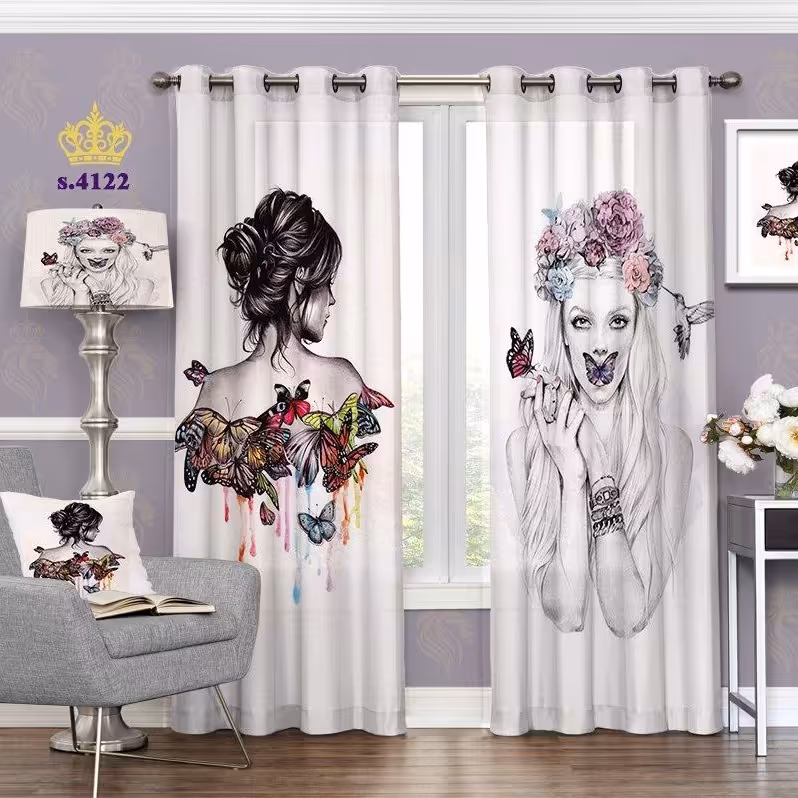 پرده اتاق خواب دخترانه دو قواره طرح  مدرن چهره کد S4122