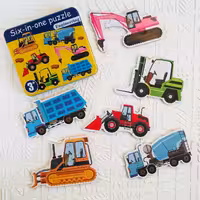 پازل چوبی 6 در 1 با جعبه فلزی طرح ماشین های راهسازی (رافولین گیمز)