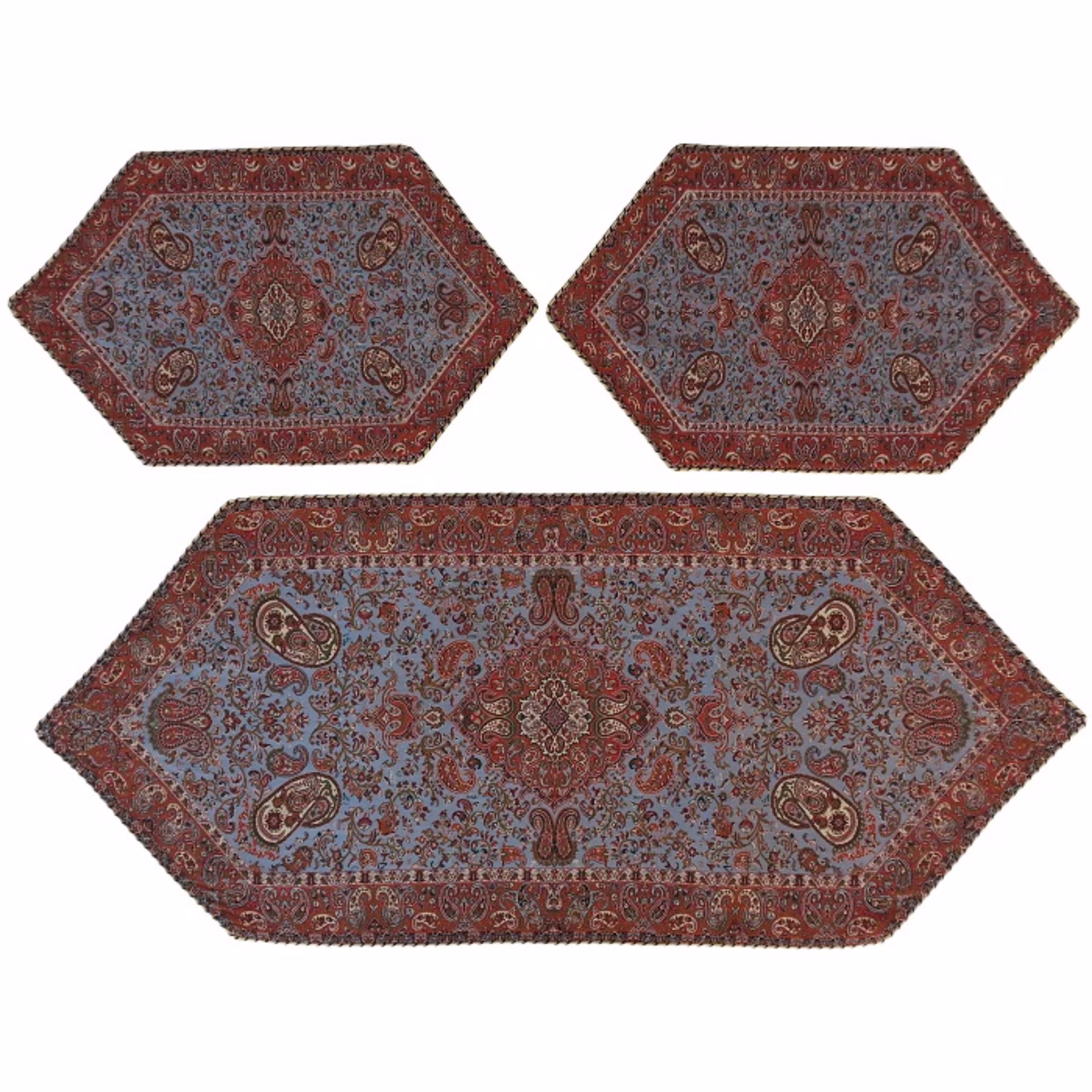 رومیزی سرویس ترمه ابریشم  کد TRSETE25  نفیس  رنگ آبی نفتی  آستر آبی