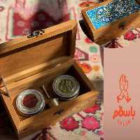 جعبه لوکس چوبی زعفران - پک هدیه زعفران  دو خاتم 3گرم و هاون برنجی 