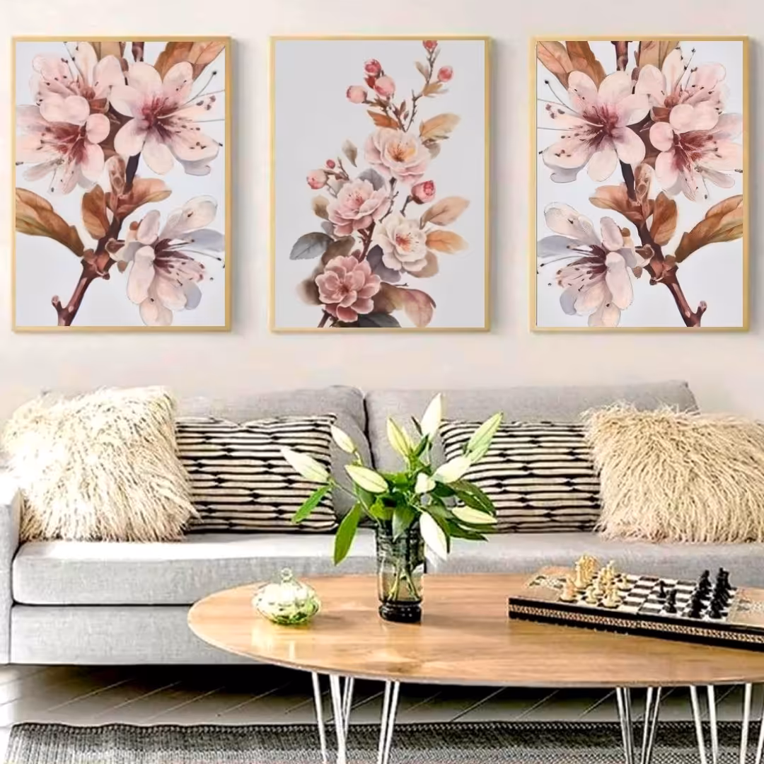 تابلو دکوراتیو طرح نقاشی شکوفه های بهاری سه تکه 