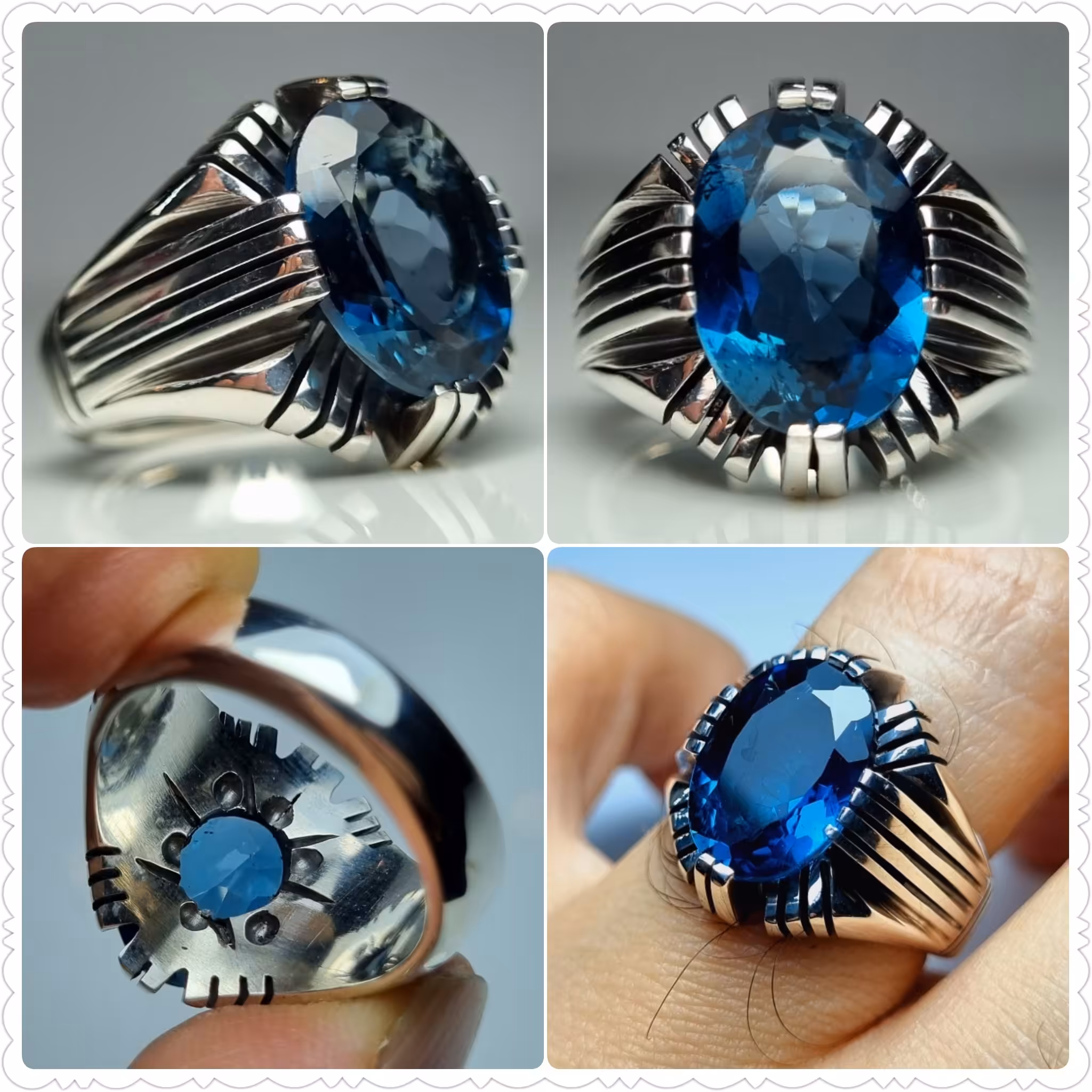 انگشتر توپاز آبی لندنی با رکاب چهارچنگ دستساز