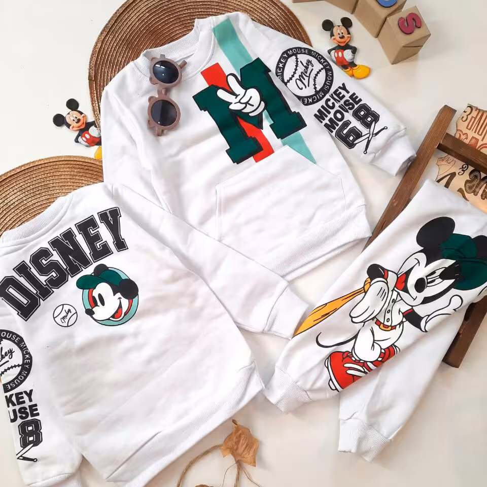 ست بلوز شلوار اسپرت میکی توکرکی جنس پنبه تک رنگ سایز 40تا55 مناسب 2 تا9سال