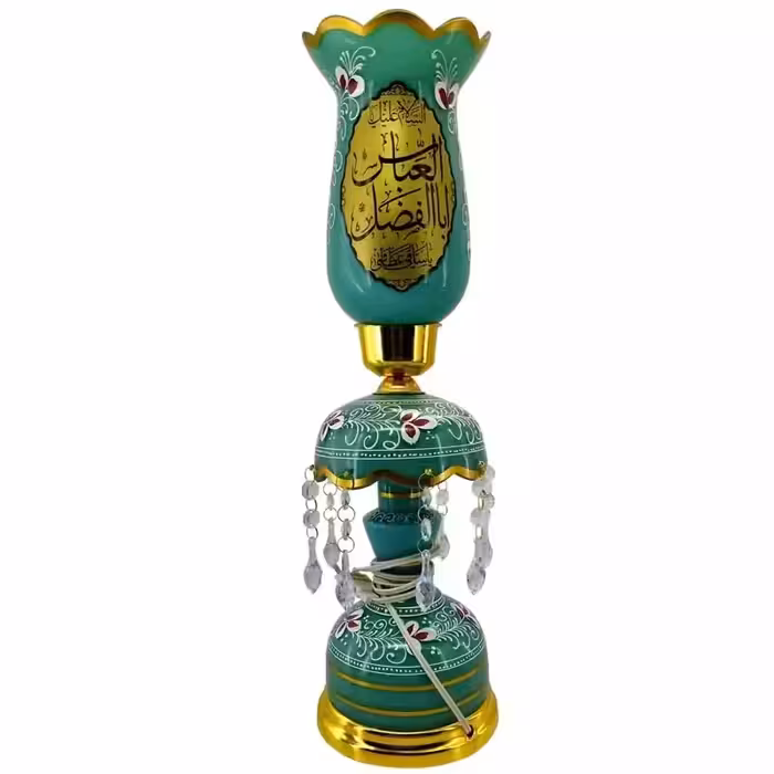103484-لاله شمعدانی کوچک ارتفاع 46 قطر دهانه 11-فیروزه ای یا اباالفضل العباس ع و یا حسین بن علی ع-کنار منبری هیئت