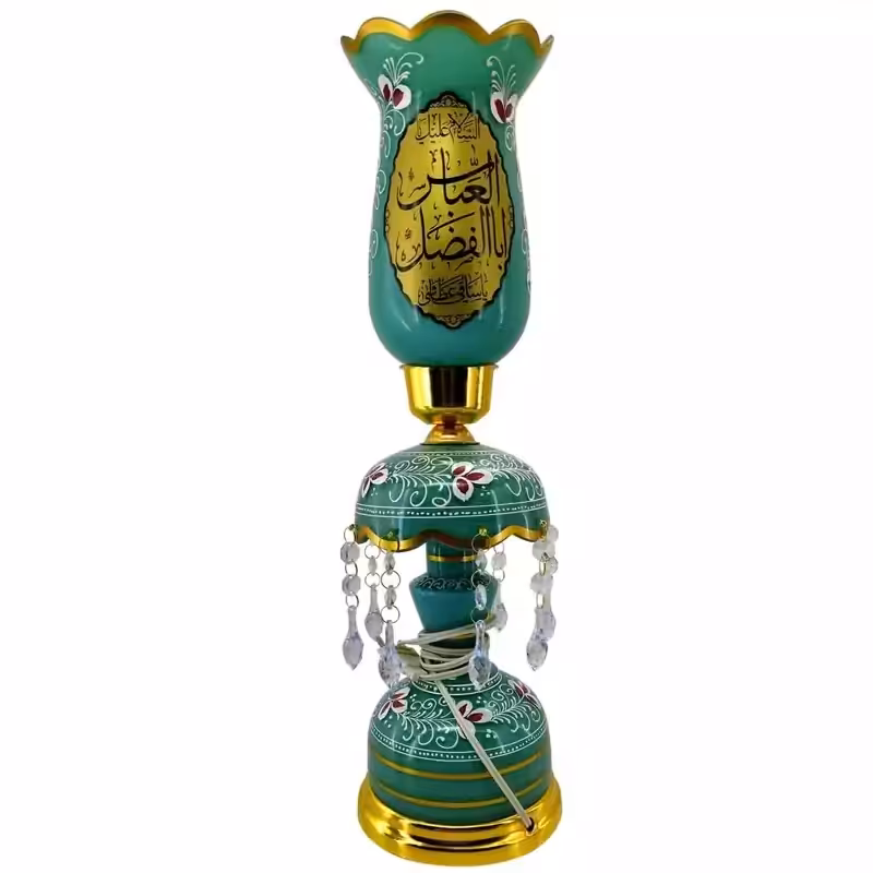 103484-لاله شمعدانی کوچک ارتفاع 46 قطر دهانه 11-فیروزه ای یا اباالفضل العباس ع و یا حسین بن علی ع-کنار منبری هیئت