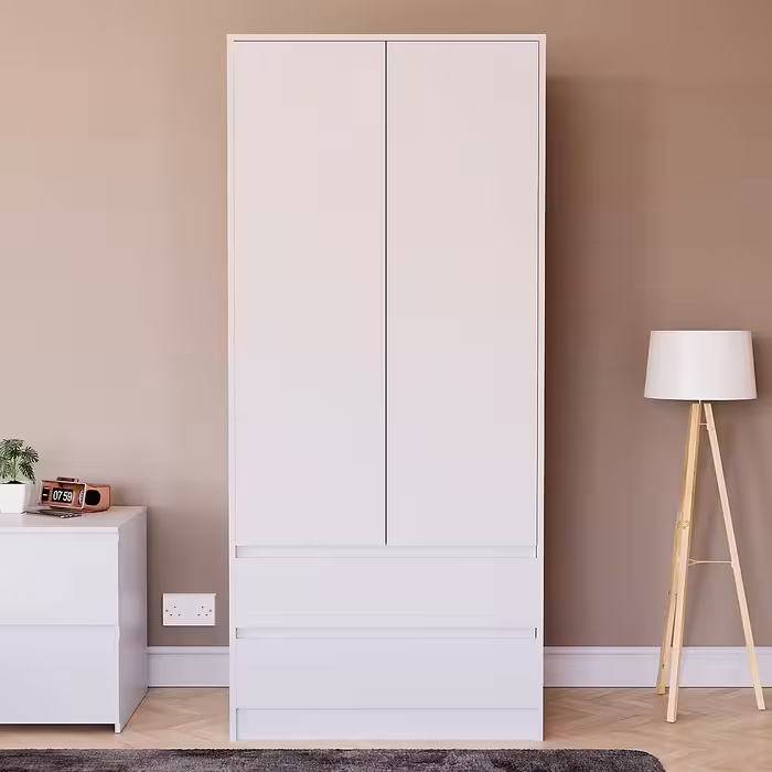 کمد لباس دو درب 3 کشو سفید با دستگیره مخفی سایز 170*76*47 کد 9054