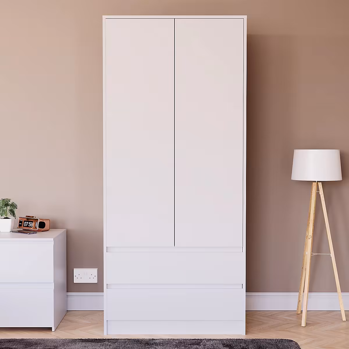 کمد لباس دو درب 3 کشو سفید با دستگیره مخفی سایز 170*76*47 کد 9054