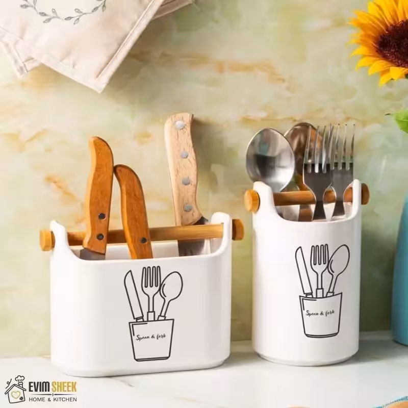 استند قاشق چنگال دسته چوبی مستطیل سرامیکی