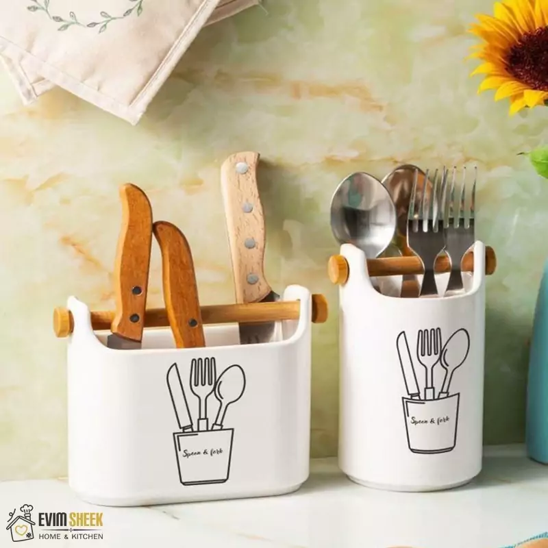 استند قاشق چنگال دسته چوبی مستطیل سرامیکی