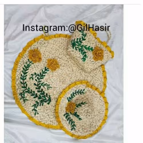 ست دور زرد کیف و کلاه سفره حصیری