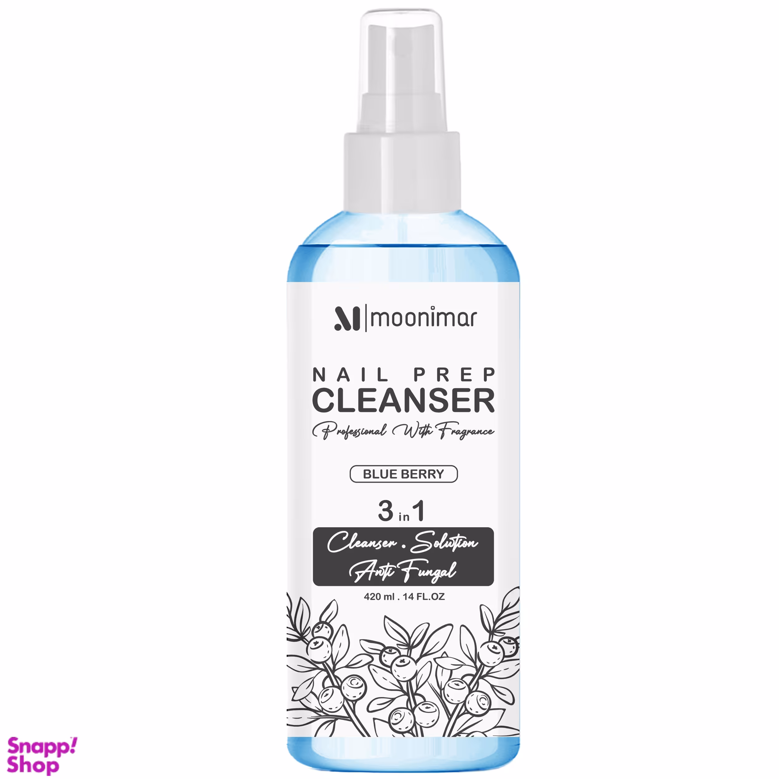کلینزر کاشت ناخن مونیمار مدل Blue Berry سه کاره حجم 420 میلی لیتر