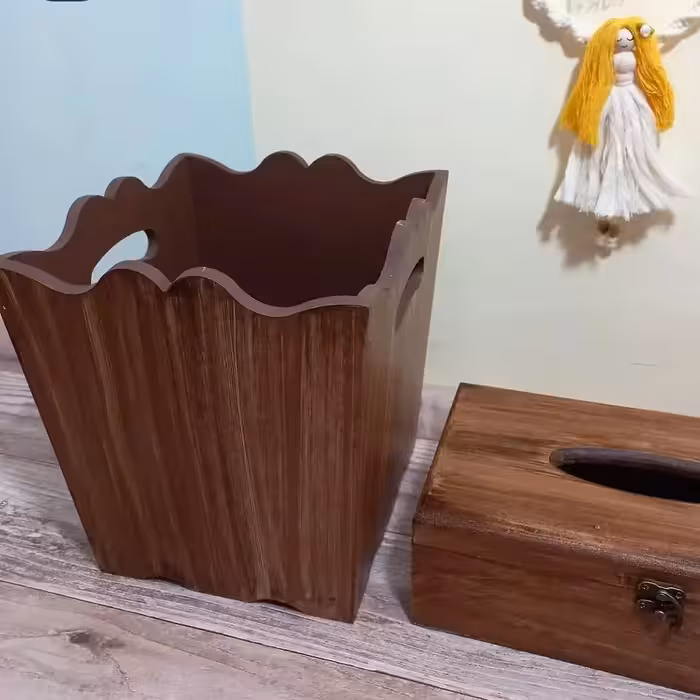 ست سطل و جعبه دستمال کاغذی چوبی