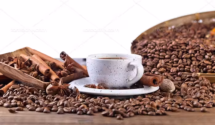 عکس فنجان و دانه قهوه با ادویه | گرافیک با طعم تربچه