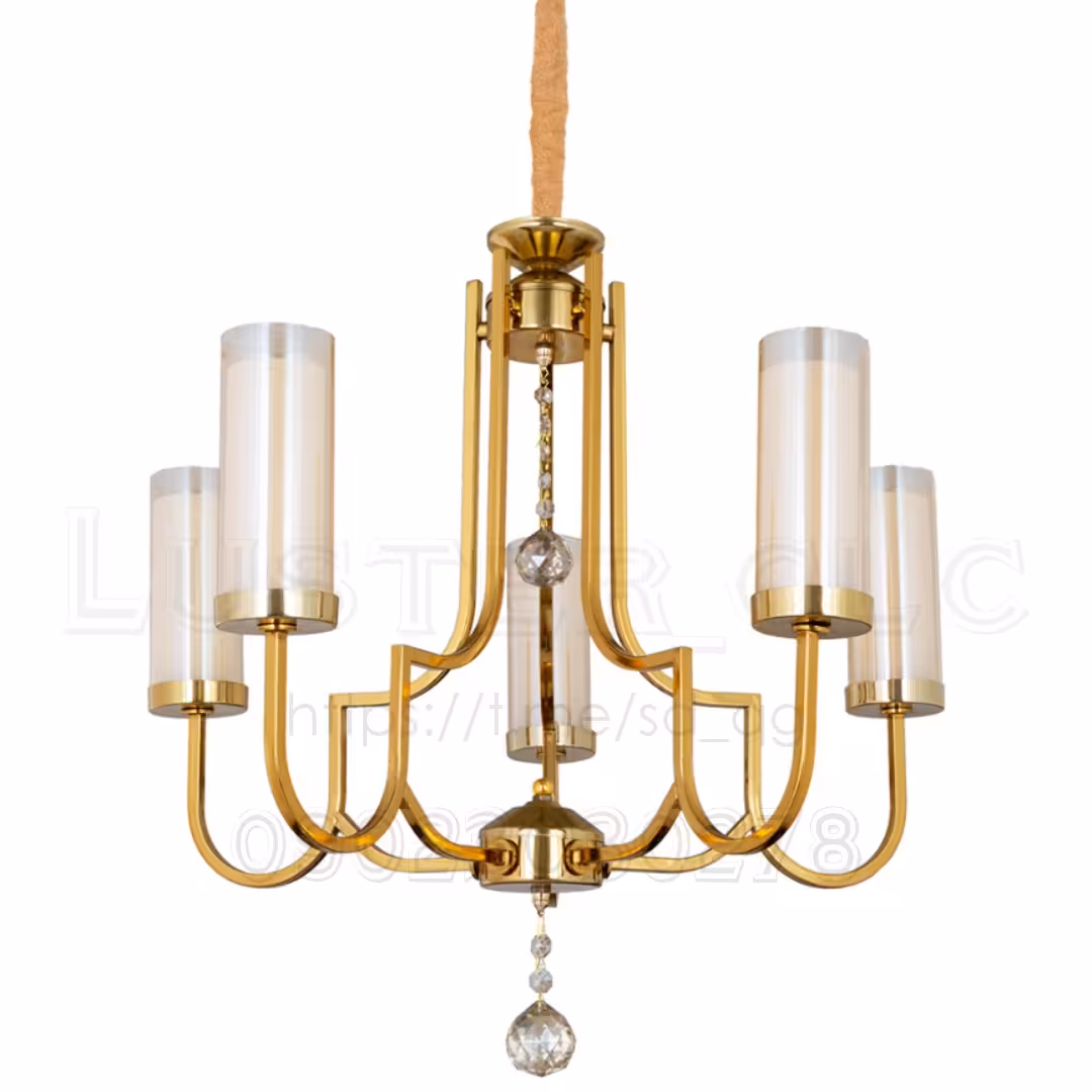 لوستر طلایی پذیرایی پروفیلی فلزی ارزان مدرن جدید آبکاری فورتیک باضمانت 5 شاخه کد M8109