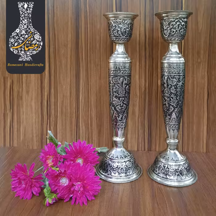 شمعدان بزرگ قلمزنی گل و مرغ  اعلاء سیاه قلم طرح نقره شماره 3