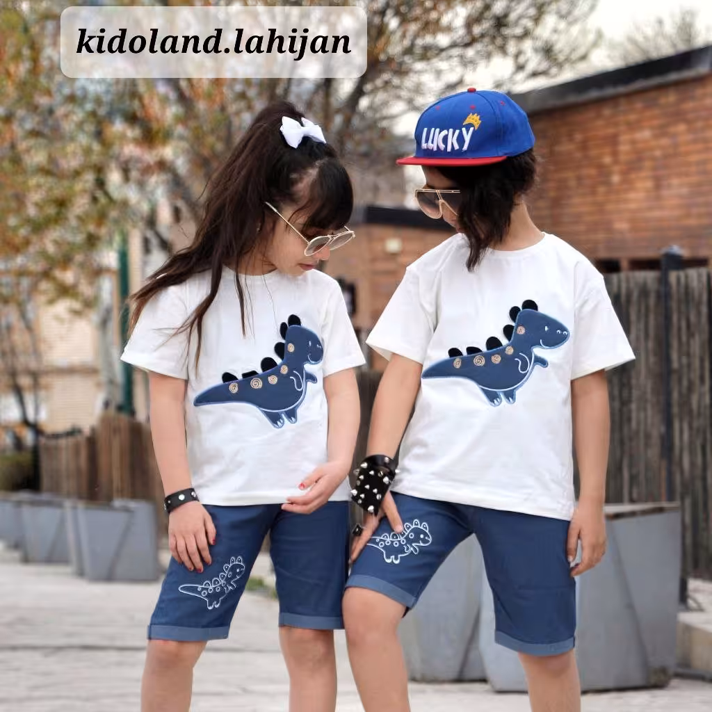 ست تیشرت و شلوارک اسپرت طرح دایناسور رنگ سفید شلوارک طرح لی تابستانه بهاره ست بیرونی بچگونه پسرانه دخترانه سایز40 45 50