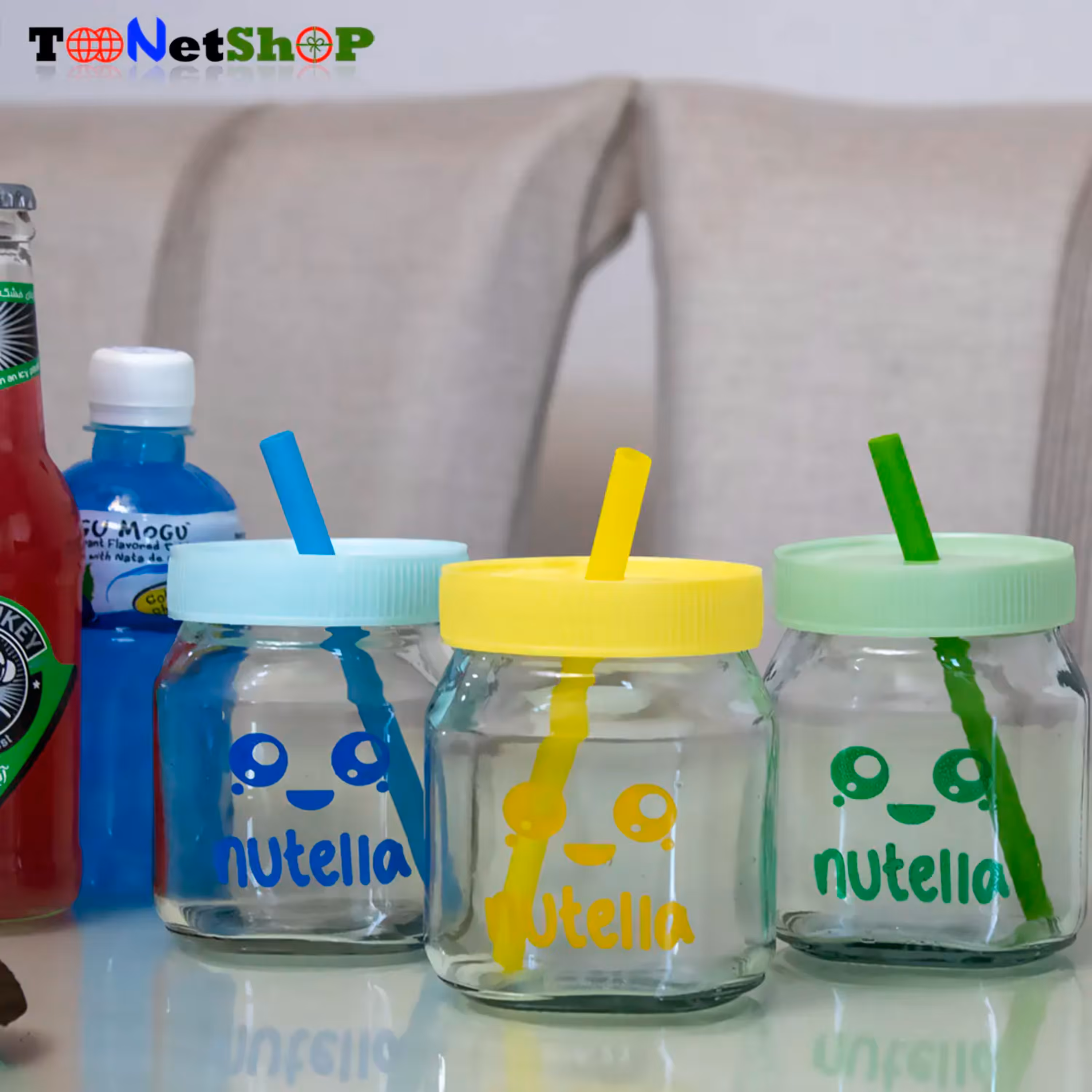 ماگ اسموتی نی دار شیشه ای نوتلا در سه رنگ خوشگل