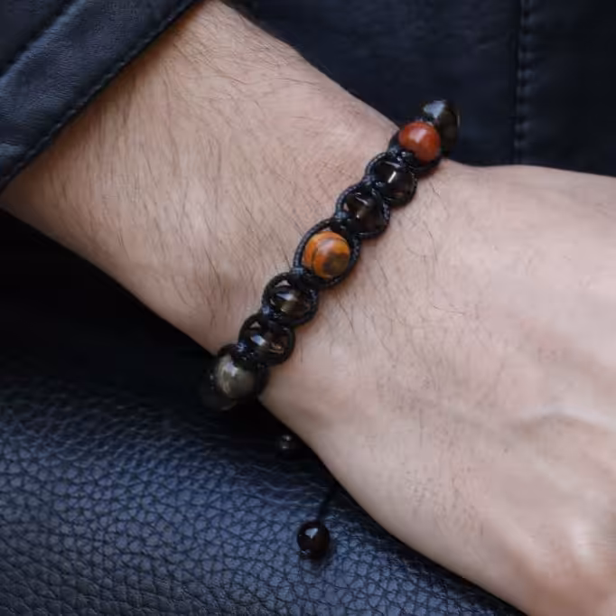 دستبند جاسپر و اسموکی کوارتز با بافت چرم مصنوعی