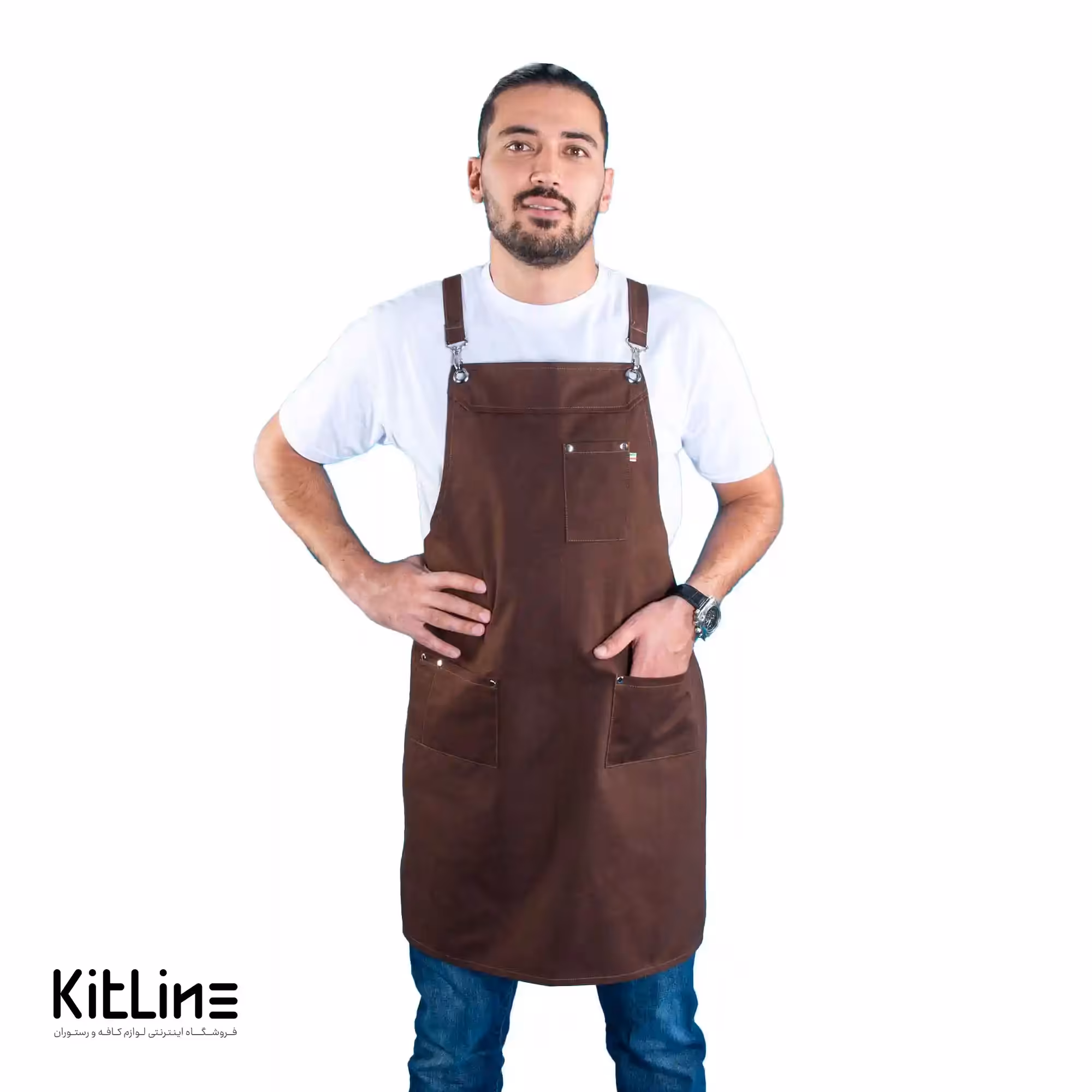 پیشبند کتان کجراه 3 جیب قهوه‌ای کیوان