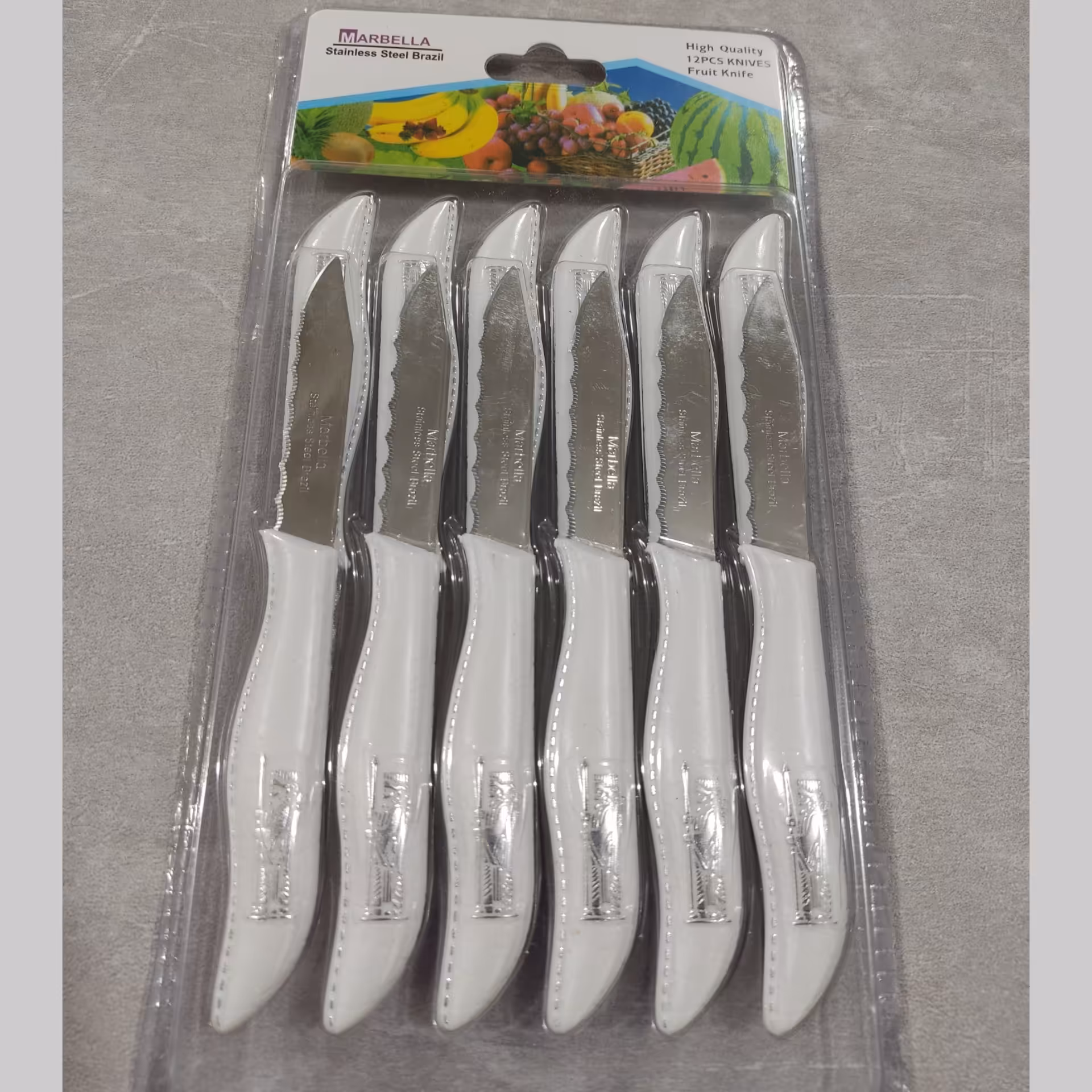چاقو میوه خوری 12تایی مارک ماربلاطرح هخامنشی برجسته با تیغه استیل و دسته پلاستیک فشرده برزیل(چاقو)رنگ های دیگر هم موجوده
