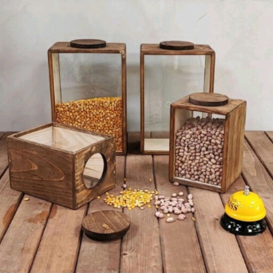 باکس مستطیل جا حبوبات چوبی رنگ قهوه ای تیره ضد آب پوشش روغن گیاهی