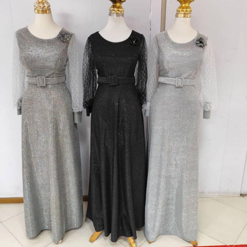 لباس مجلسی بلندصدف حصیری در3رنگ مشکی طوسی روشن طوسی تیره درسایز36تا52
