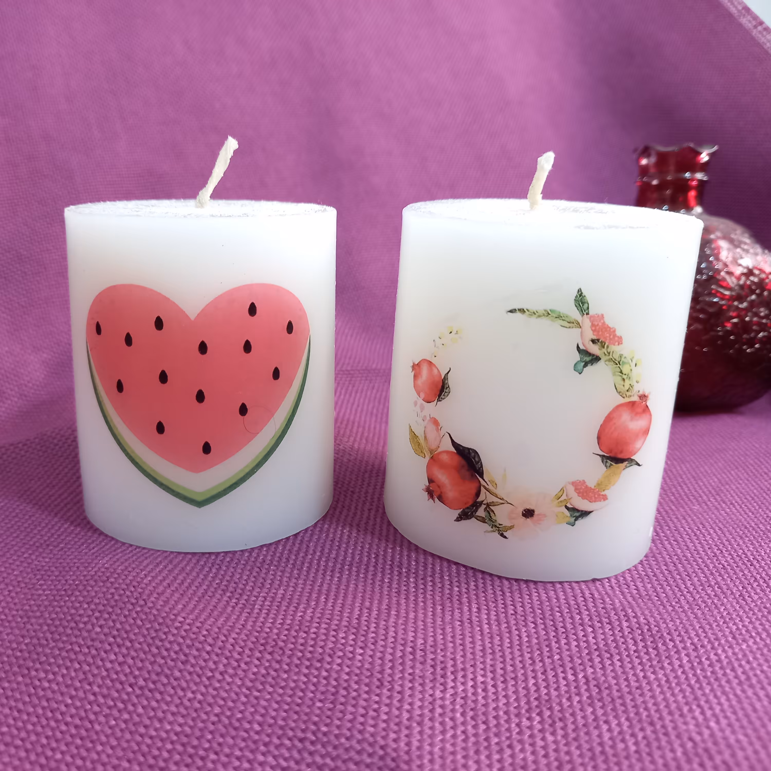 شمع پارافین طرح شب یلدا ، انار، هندوانه استوانه قطر6 ارتفاع 8