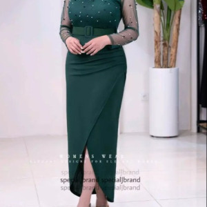 پیراهن مهمانی زنانه کرپ کش وتورکمربنددار مدل ماکسی مجلسی پارمین