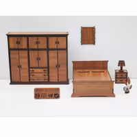 ست ماکت تخت خواب 2نفره و کمد و پاتختی و آباژور و قاب عکس مینیاتوری دارکوب استور