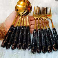 چنگال غذا خوری دسته سرامیکی استیل طلایی رنگ مشکی طرح ماربل