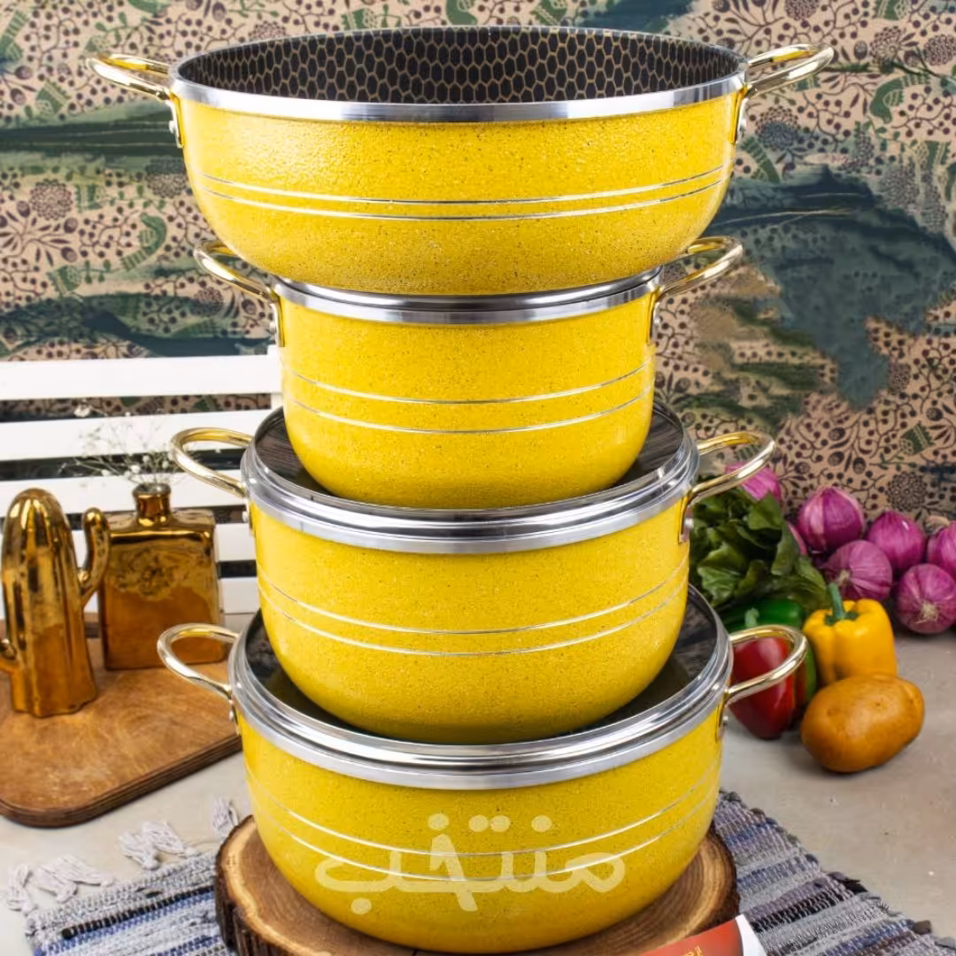 سرویس قابلمه 7 پارچه دسته و قوپه طلایی  خردلی  داخل گرانیت زنبوری 