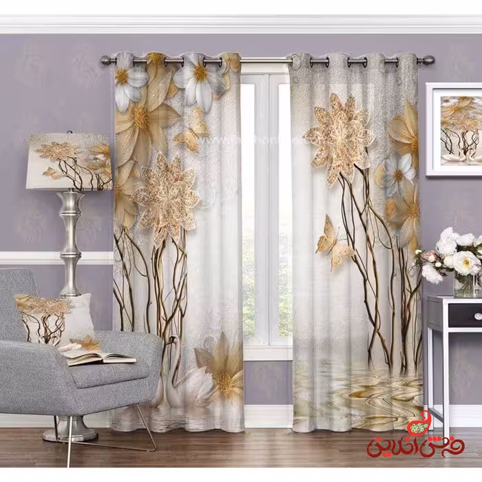 پرده طرح گل های مرداب طلایی سفید کد 3403