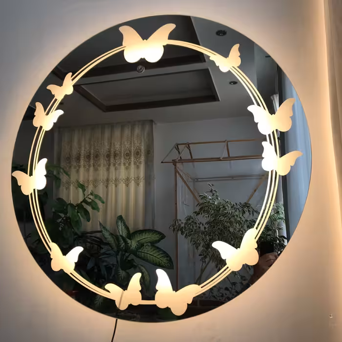 آینه بک لایت نورا . طرح پروانه . مجهز به سنسور لمسی 12 ولت . قطر 70 سانت
