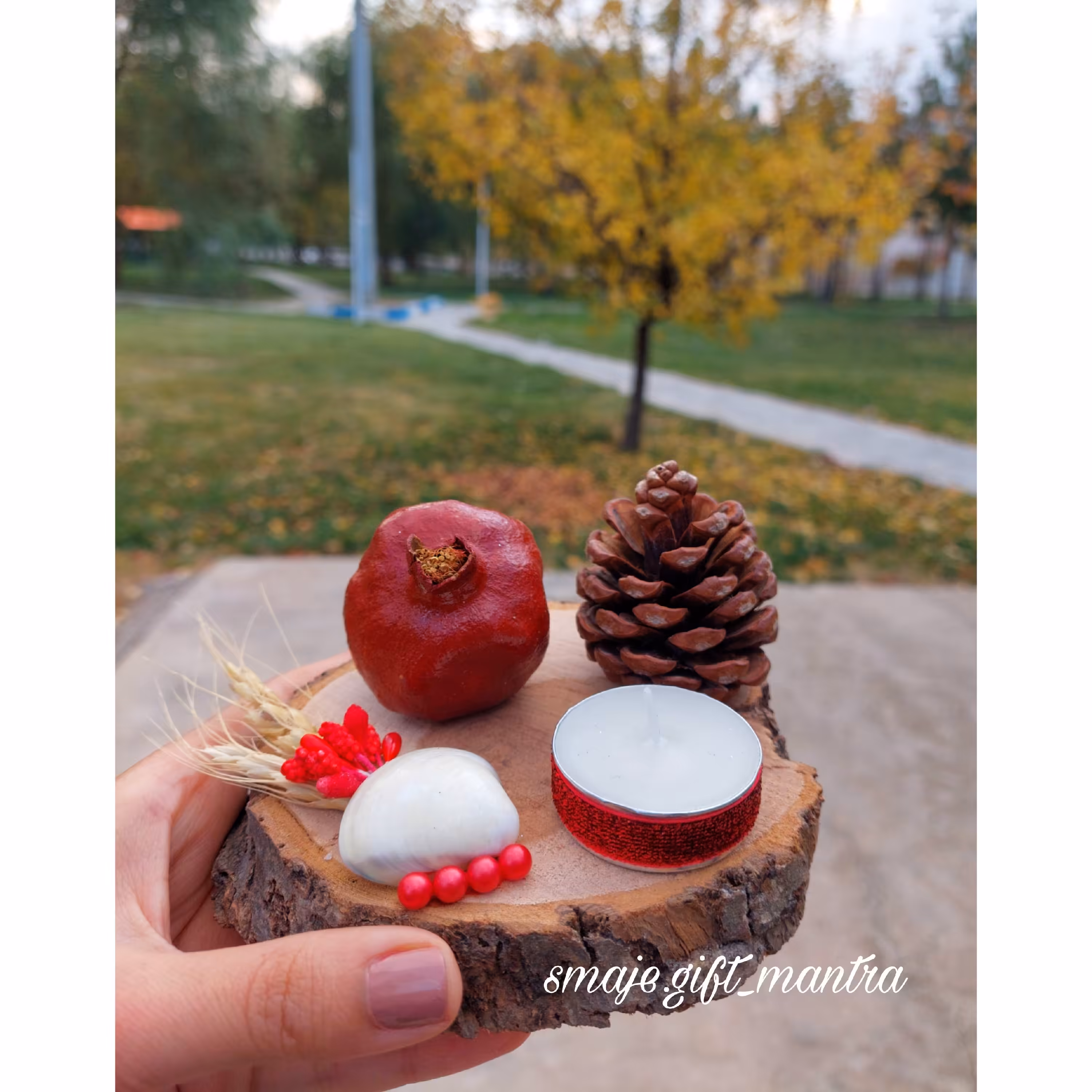 گیفت یلدا_گیفت یلدا با انار  و پایه چوب به همراه مروارید و صدف