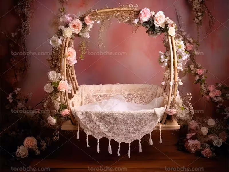 بک دراپ عکاسی نوزاد با گهواره و گل های صورتی | گرافیک با طعم تربچه