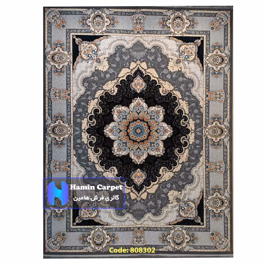 فرش 6 متری 700شانه تراکم 2550 نخ آکلریک رنگ زمینه نقره ای متالیک کد AR808302