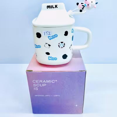 ماگ فانتزی با طرح گاو - نی شیشه ای و درب هم داره