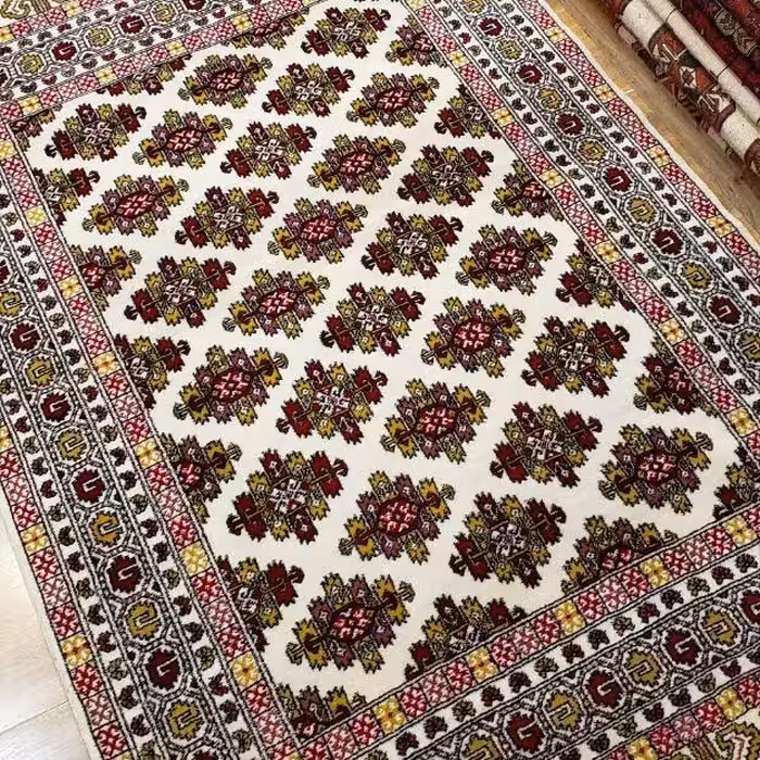 قالیچه دستبافت ترکمن اعلا، 3متری، طرح قافسه گل، ارسال رایگان، ریزبافت، پشم