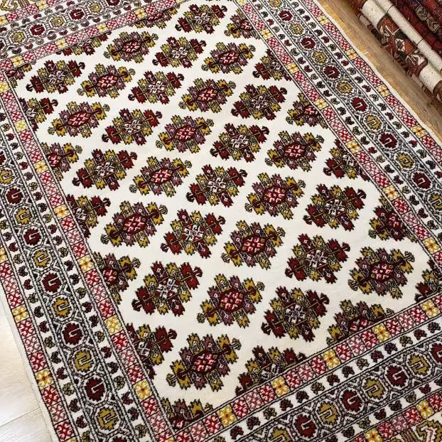 قالیچه دستبافت ترکمن اعلا، 3متری، طرح قافسه گل، ارسال رایگان، ریزبافت، پشم