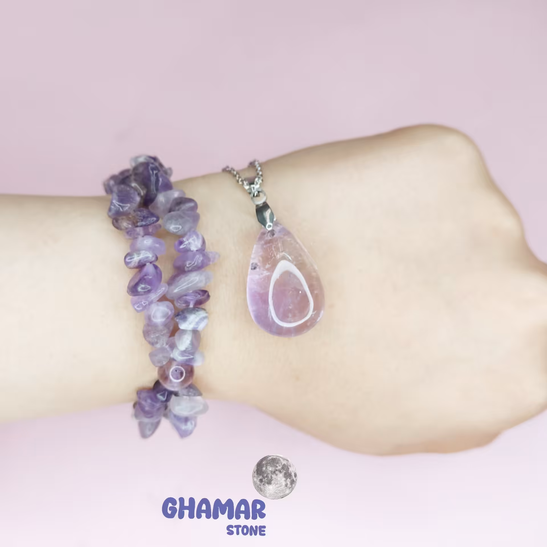 نیم ست دستبند و گردنبند سنگ آمیترین و دستبند آمیتیست سوسنی