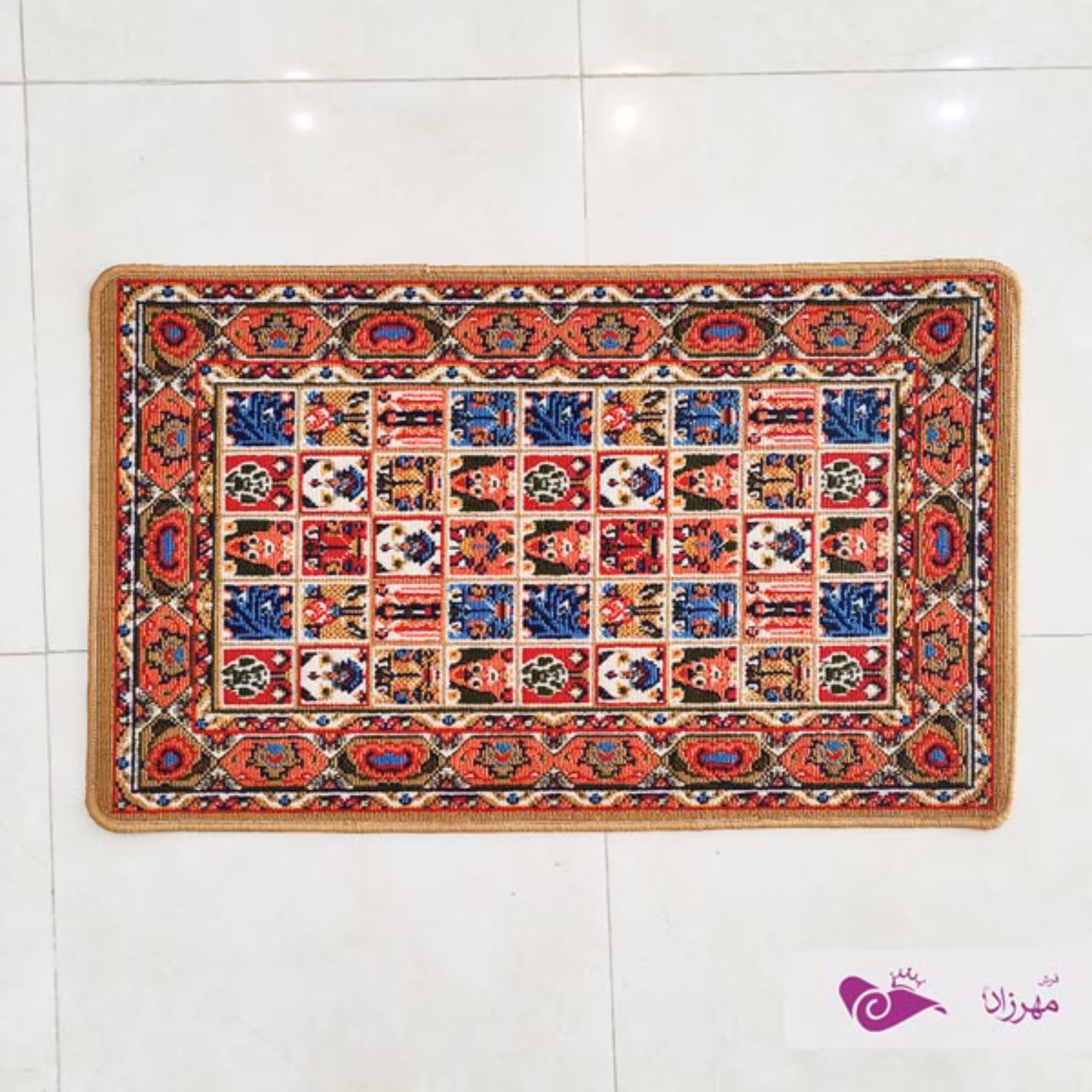 گلیم ماشینی سایز 60 در 100 نقشه خشتی بژ