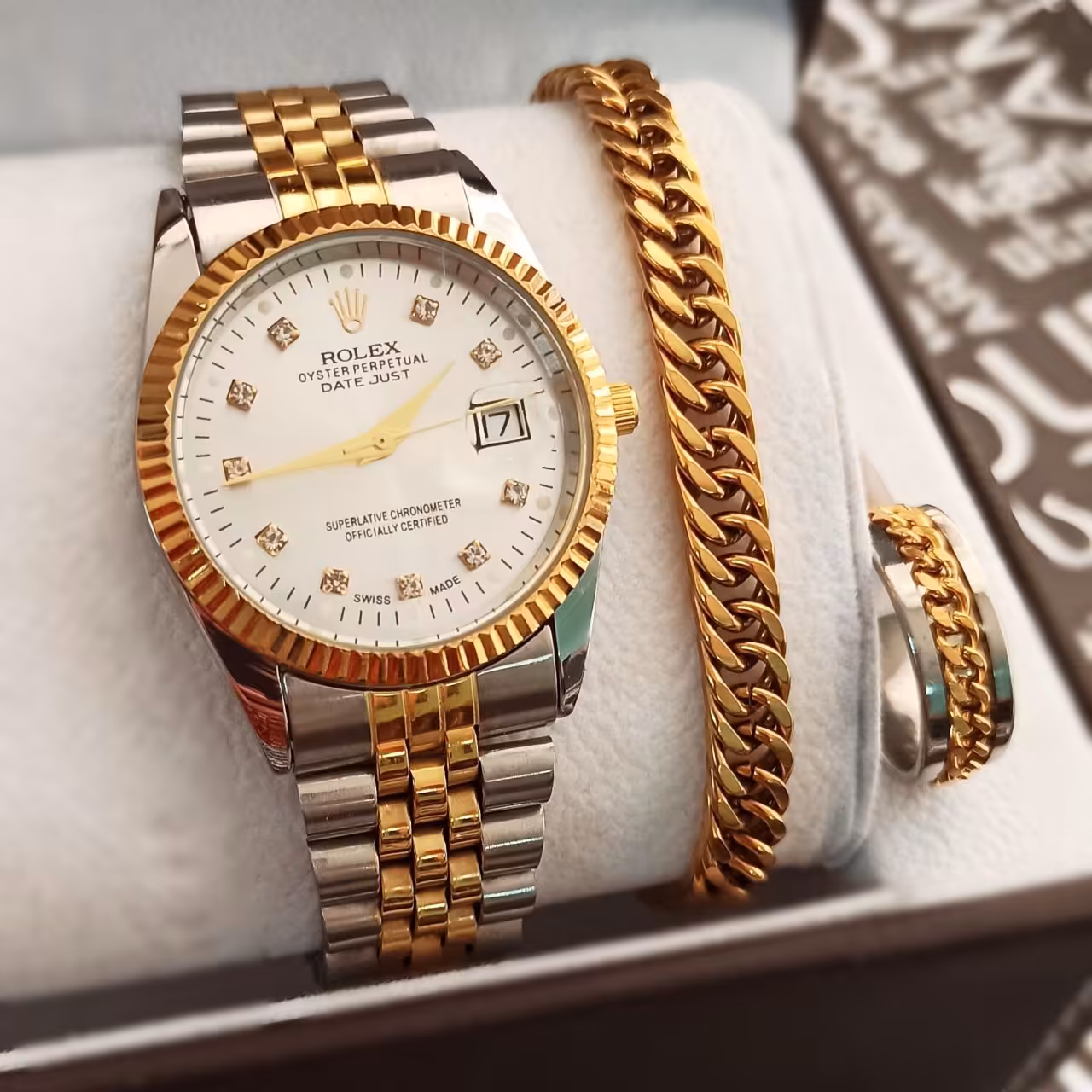 ست  مردانه یا زنانه ساعت رولکس و دستبند و انگشتر استیل 