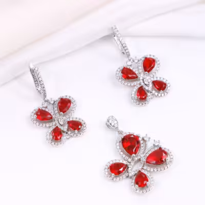 نیم ست نقره طرح پروانه زنانه با سنگ قرمز و سرخ کد 4506